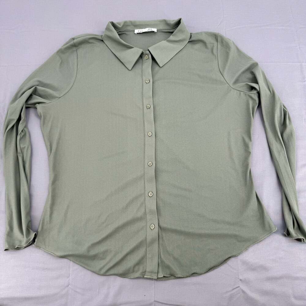 Dex Women's Long Sleeve Ribbed Button-Down Polo Shirt Olive Green XL
